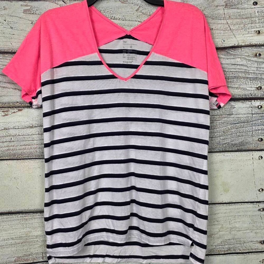 Gap Womens Striped Colorblock V Neck Tee Pink Gray M